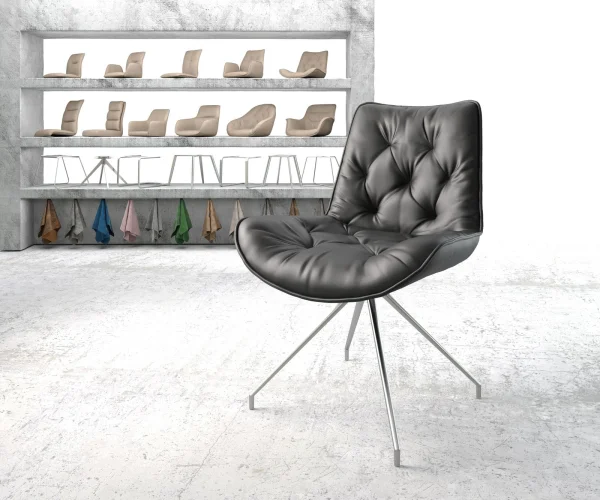 Chaise-pivotante Taimi-Flex cuir véritable noir cadre croisé conique acier inoxydable pivote sur 180°