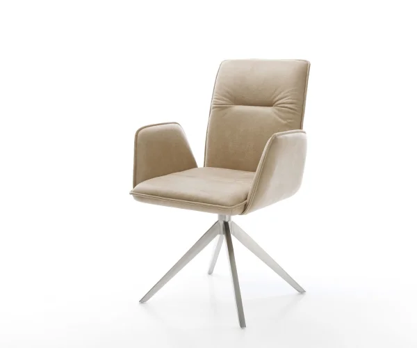 Chaise-pivotante Vinja-Flex microvelours beige vintage pied croisé large acier inoxydable brossé pivotement sur 360° fonction bascule