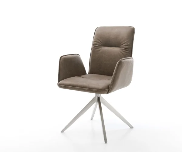 Chaise-pivotante Vinja-Flex microvelours taupe vintage pied croisé large acier inoxydable brossé pivotement sur 360° fonction bascule