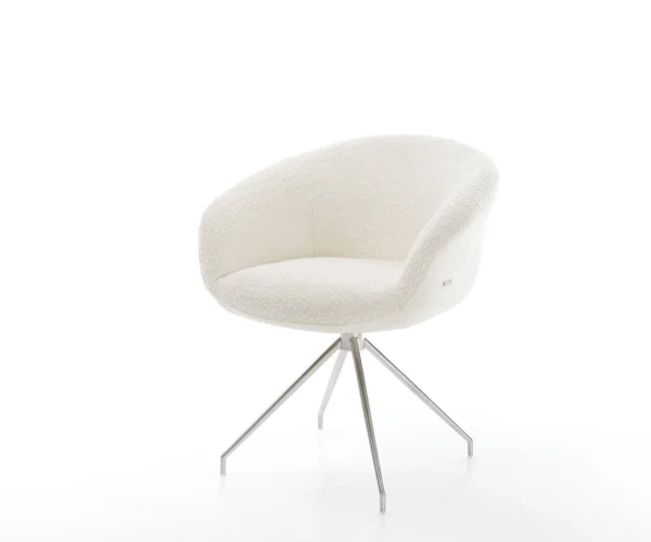 Chaise-pivotante Vinka-Flex avec accoudoirs bouclé blanc pied croisé conique acier inoxydable ressorts ensachés pivote sur 180°