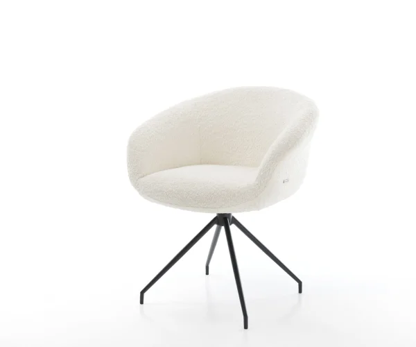 Chaise-pivotante Vinka-Flex avec accoudoirs bouclé blanc pied croisé conique noir ressorts ensachés pivote sur 180°