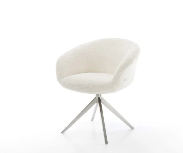 Chaise-pivotante Vinka-Flex avec accoudoirs bouclé blanc pied croisé large acier inoxydable brossé pivotement sur 360° fonction bascule ressorts ensachés