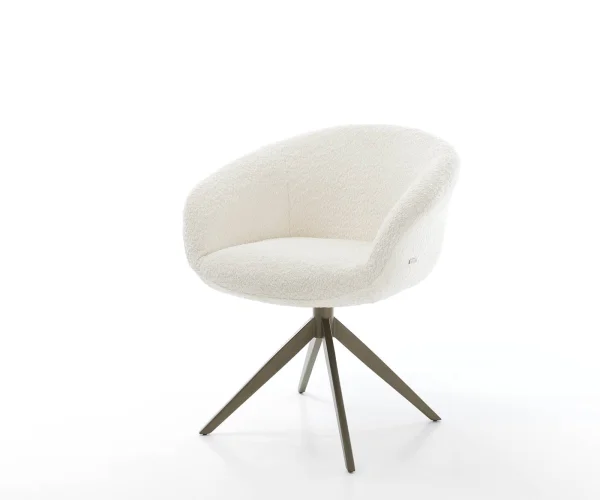 Chaise-pivotante Vinka-Flex avec accoudoirs bouclé blanc pied croisé large aspect titane ressorts ensachés pivote sur 360°