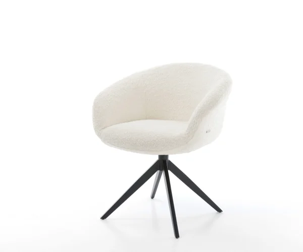 Chaise-pivotante Vinka-Flex avec accoudoirs bouclé blanc pied croisé large noir pivotement sur 360° fonction bascule ressorts ensachés