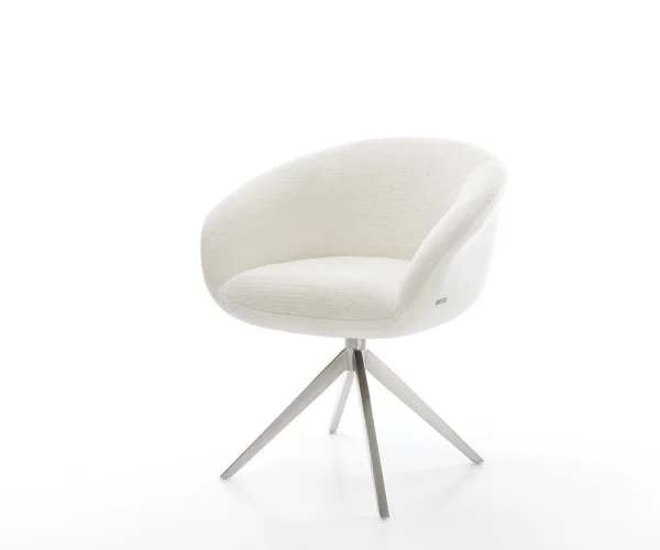 Chaise-pivotante Vinka-Flex avec accoudoirs bouclé doux beige pied croisé large acier inoxydable pivotement sur 360° fonction bascule resorts ensachés