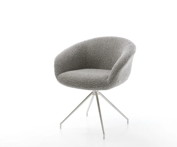 Chaise-pivotante Vinka-Flex avec accoudoirs bouclé gris argenté pied croisé conique acier inoxydable brossé pivotement sur 180° ressorts ensachés