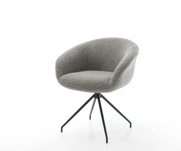 Chaise-pivotante Vinka-Flex avec accoudoirs bouclé gris argenté pied croisé conique noir ressorts ensachés pivote sur 180°