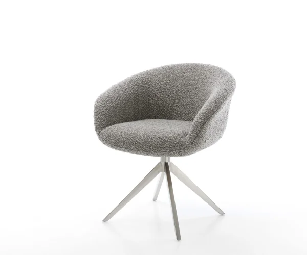 Chaise-pivotante Vinka-Flex avec accoudoirs bouclé gris argenté pied croisé large acier inoxydable brossé pivotement sur 360° fonction bascule ressorts ensachés