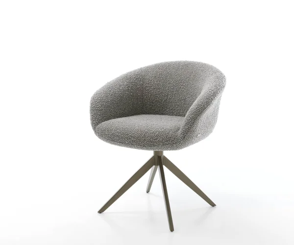 Chaise-pivotante Vinka-Flex avec accoudoirs bouclé gris argenté pied croisé large aspect titane pivotement sur 360° ressorts ensachés