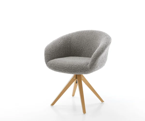 Chaise-pivotante Vinka-Flex avec accoudoirs bouclé gris argenté pied en bois angulaire naturel ressorts ensachés pivote sur 180°