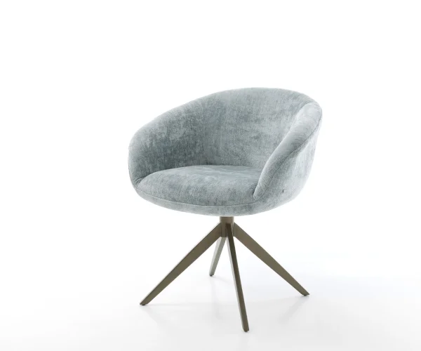 Chaise-pivotante Vinka-Flex avec accoudoirs chenille bleu pastel pied croisé large aspect titane pivotement sur 360° fonction bascule ressorts ensachés