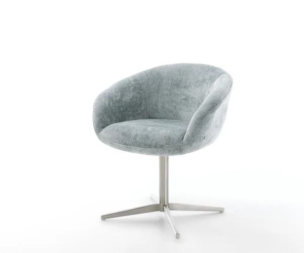 Chaise-pivotante Vinka-Flex avec accoudoirs chenille bleu pastel pied de chaise 4 branches acier inoxydable brossé pivotement sur 360° ressorts ensachés