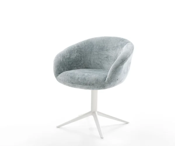Chaise-pivotante Vinka-Flex avec accoudoirs chenille bleu pastel pied de chaise 4 branches blanc pivotement sur 360° fonction bascule ressorts ensachés