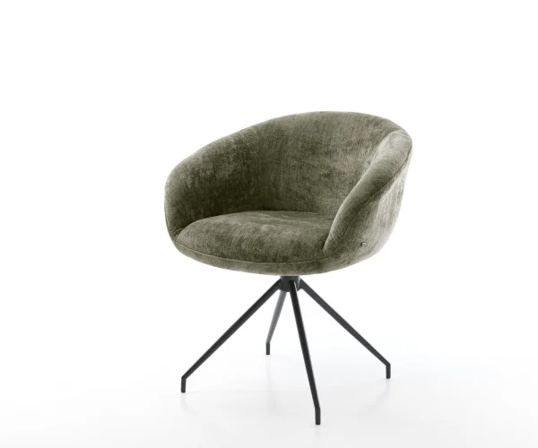 Chaise-pivotante Vinka-Flex avec accoudoirs chenille olive pied croisé conique noir pivotement sur 180° ressorts ensachés