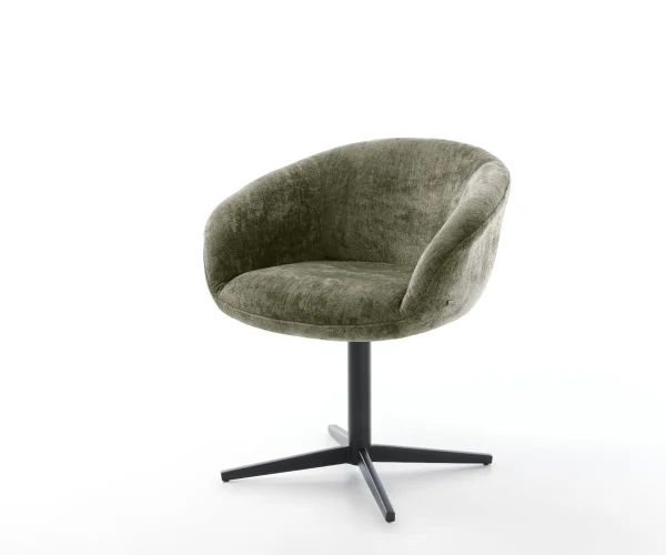 Chaise-pivotante Vinka-Flex avec accoudoirs chenille olive pied de chaise 4 branches noir pivotement sur 360° ressorts ensachés