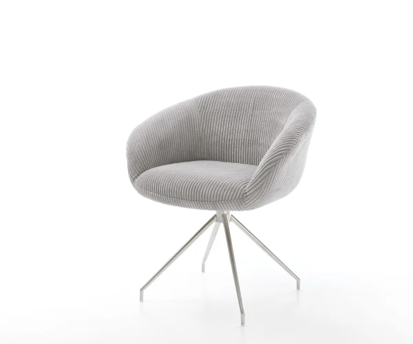 Chaise-pivotante Vinka-Flex avec accoudoirs côtelé gris argenté pied croisé conique acier inoxydable brossé pivotement sur 180° ressorts ensachés