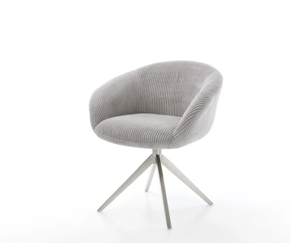 Chaise-pivotante Vinka-Flex avec accoudoirs côtelé gris argenté pied croisé large acier inoxydable brossé pivotement sur 360° fonction bascule ressorts ensachés