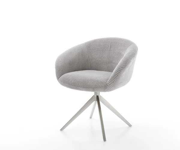 Chaise-pivotante Vinka-Flex avec accoudoirs côtelé gris argenté pied croisé large acier inoxydable brossé pivotement sur 360° ressorts ensachés