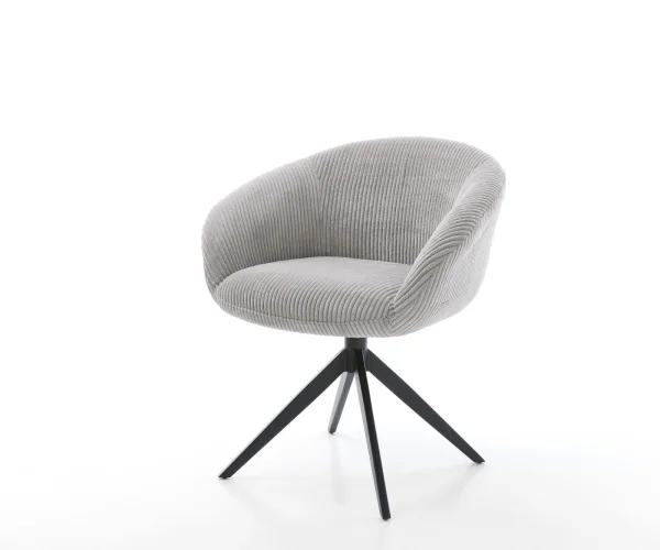 Chaise-pivotante Vinka-Flex avec accoudoirs côtelé gris argenté pied croisé large noir pivotement sur 360° fonction bascule ressorts ensachés