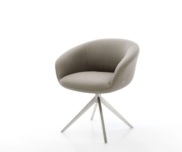 Chaise-pivotante Vinka-Flex avec accoudoirs cuir de vache couleur boue pied croisé large acier inoxydable brossé pivotement sur 360° fonction bascule ressorts ensachés