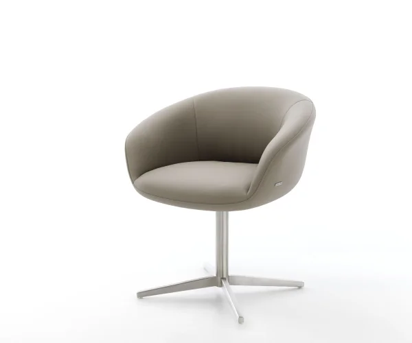 Chaise-pivotante Vinka-Flex avec accoudoirs cuir de vache couleur boue pied de chaise 4 branches acier inoxydable brossé pivotement sur 360° ressorts ensachés