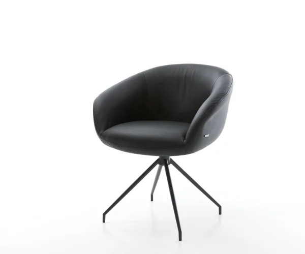 Chaise-pivotante Vinka-Flex avec accoudoirs cuir de vache noir pied croisé conique noir ressorts ensachés pivote sur 180°