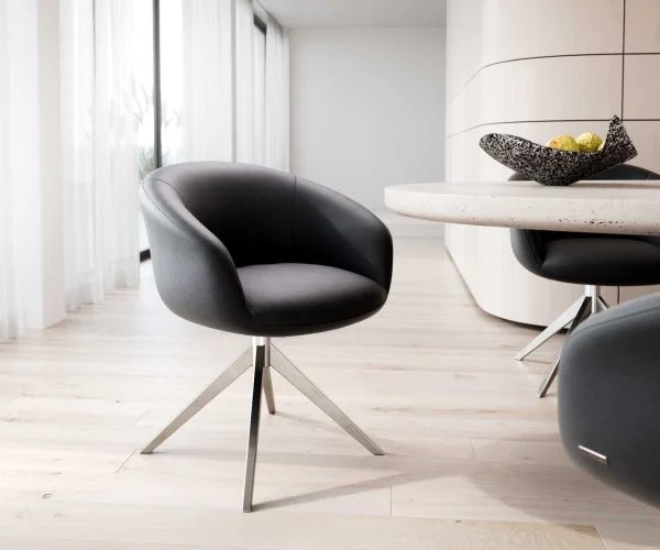 Chaise-pivotante Vinka-Flex avec accoudoirs cuir de vache noir pied croisé large acier inoxydable brossé pivotement sur 360° ressorts ensachés