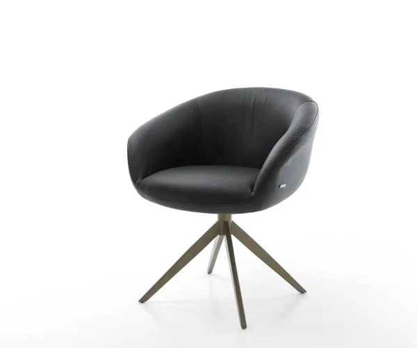 Chaise-pivotante Vinka-Flex avec accoudoirs cuir de vache noir pied croisé large aspect titane pivotement sur 360° ressorts ensachés