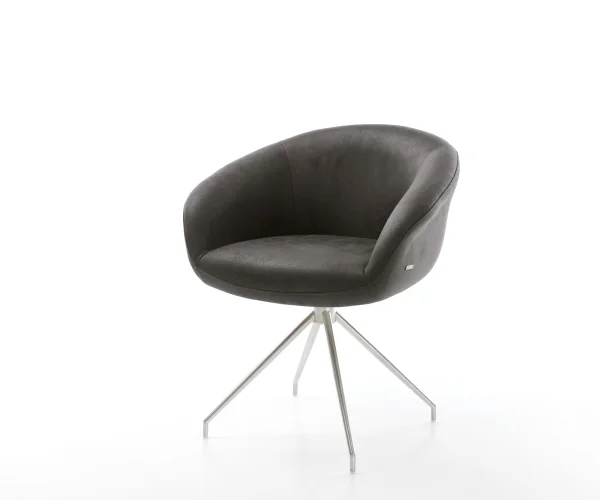 Chaise-pivotante Vinka-Flex avec accoudoirs microvelours anthracite vintage pied croisé conique acier inoxydable brossé pivotement sur 180° ressorts ensachés
