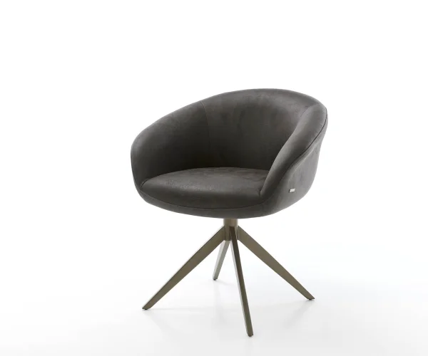 Chaise-pivotante Vinka-Flex avec accoudoirs microvelours anthracite vintage pied croisé large aspect titane pivotement sur 360° ressorts ensachés