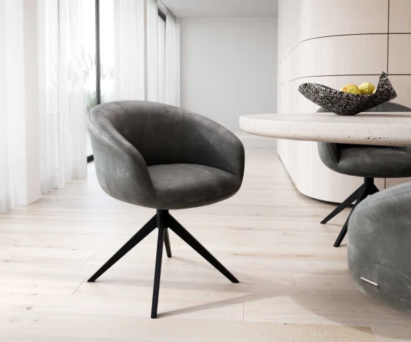 Chaise-pivotante Vinka-Flex avec accoudoirs microvelours anthracite vintage pied croisé large noir pivotement sur 360° ressorts ensachés