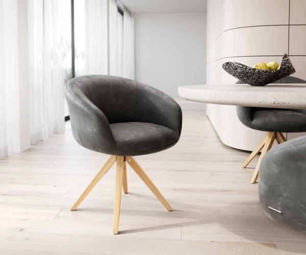 Chaise-pivotante Vinka-Flex avec accoudoirs microvelours anthracite vintage pied en bois angulaire naturel pivotement sur 180° ressorts ensachés