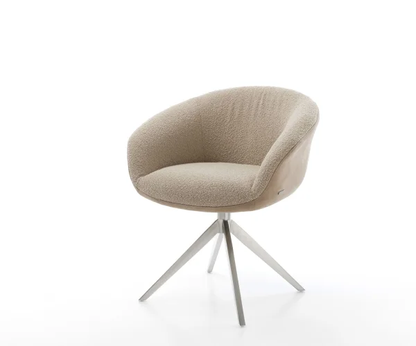 Chaise-pivotante Vinka-Flex avec accoudoirs tissu mixte boue pied croisé large acier inoxydable brossé pivotement sur 360° fonction bascule ressorts ensachés