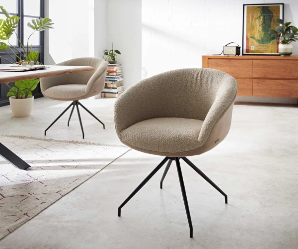 Chaise-pivotante Vinka-Flex avec accoudoirs tissu mixte couleur boue pied croisé conique noir pivotement sur 180° ressorts ensachés