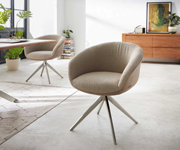 Chaise-pivotante Vinka-Flex avec accoudoirs tissu mixte couleur boue pied croisé large acier inoxydable brossé pivotement sur 360° ressorts ensachés