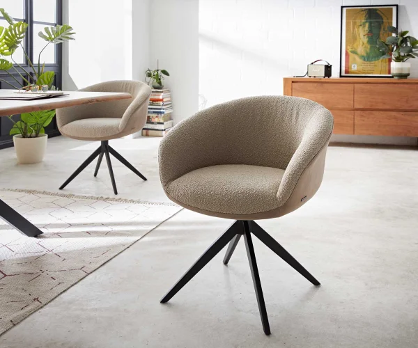Chaise-pivotante Vinka-Flex avec accoudoirs tissu mixte couleur boue pied croisé large noir pivotement sur 360° ressorts ensachés