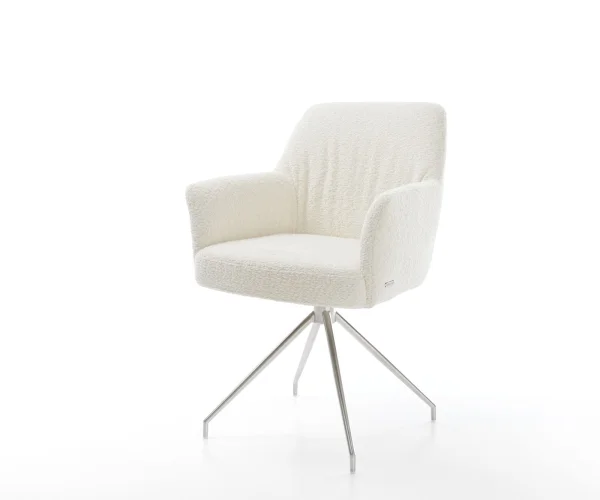 Chaise-pivotante Xana-Flex avec accoudoirs bouclé blanc pied croisé conique acier inoxydable brossé pivotement sur 180° ressorts ensachés