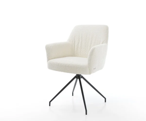 Chaise-pivotante Xana-Flex avec accoudoirs bouclé blanc pied croisé conique noir ressorts ensachés pivote sur 180°