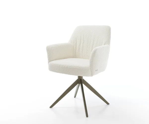 Chaise-pivotante Xana-Flex avec accoudoirs bouclé blanc pied croisé large aspect titane pivotement sur 360° ressorts ensachés