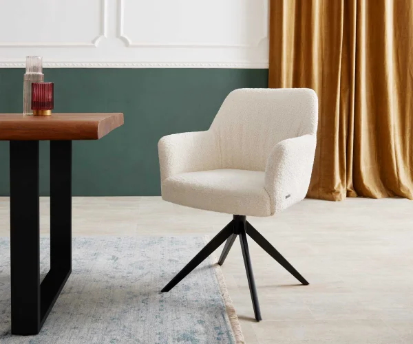 Chaise-pivotante Xana-Flex avec accoudoirs bouclé blanc pied croisé large noir pivotement sur 360° ressorts ensachés