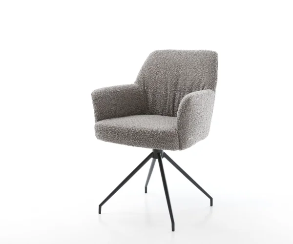 Chaise-pivotante Xana-Flex avec accoudoirs bouclé gris argenté pied croisé conique noir ressorts ensachés pivote sur 180°