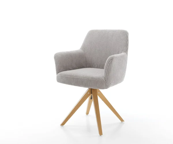 Chaise-pivotante Xana-Flex avec accoudoirs côtelé gris argenté pied en bois angulaire naturel pivotement sur 180° ressorts ensachés