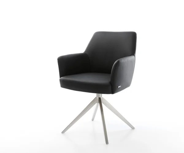 Chaise-pivotante Xana-Flex avec accoudoirs cuir de vache noir pied croisé large acier inoxydable brossé pivotement sur 360° fonction bascule ressorts ensachés