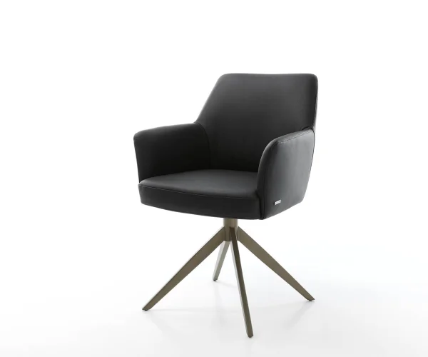Chaise-pivotante Xana-Flex avec accoudoirs cuir de vache noir pied croisé large aspect titane pivotement sur 360° ressorts ensachés