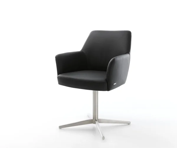 Chaise-pivotante Xana-Flex avec accoudoirs cuir de vache noir pied de chaise 4 branches acier inoxydable brossé pivotement sur 360° ressorts ensachés