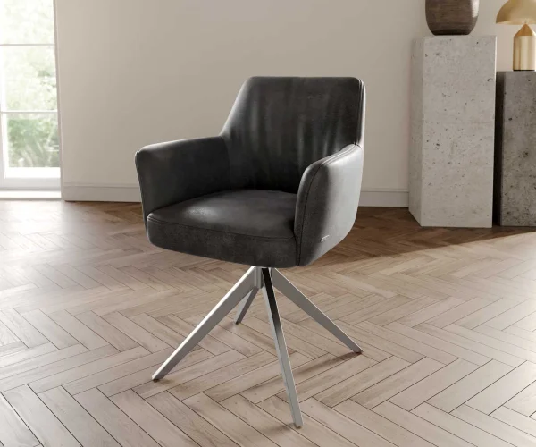 Chaise-pivotante Xana-Flex avec accoudoirs microvelours anthracite vintage pied croisé large acier inoxydable brossé pivotement sur 360° ressorts ensachés