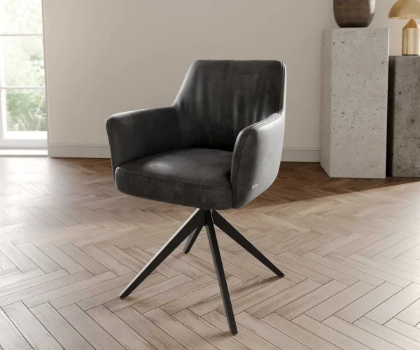 Chaise-pivotante Xana-Flex avec accoudoirs microvelours anthracite vintage pied croisé large noir pivotement sur 360° ressorts ensachés