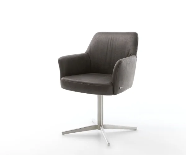 Chaise-pivotante Xana-Flex avec accoudoirs microvelours anthracite vintage pied de chaise 4 branches acier inoxydable brossé pivotement sur 360° ressorts ensachés