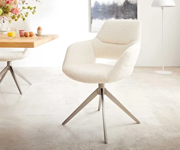 Chaise-pivotante Yago-Flex avec accoudoirs bouclé blanc cadre croisé large acier inoxydable pivote sur 360°