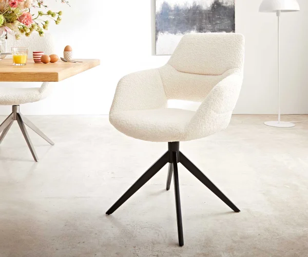 Chaise-pivotante Yago-Flex avec accoudoirs bouclé blanc pied croisé large noir pivotement sur 360° ressorts ensachés